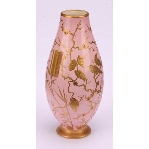 143 - A pair of Aesthetic Movement Franz Anton Mehlem ovoid vases, raised gilt decorated in the Japonisme ... 