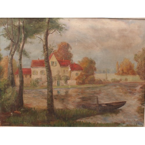 492 - L V Reyn
Riverside House
signed, oil on canvas, 44cm x 58cm