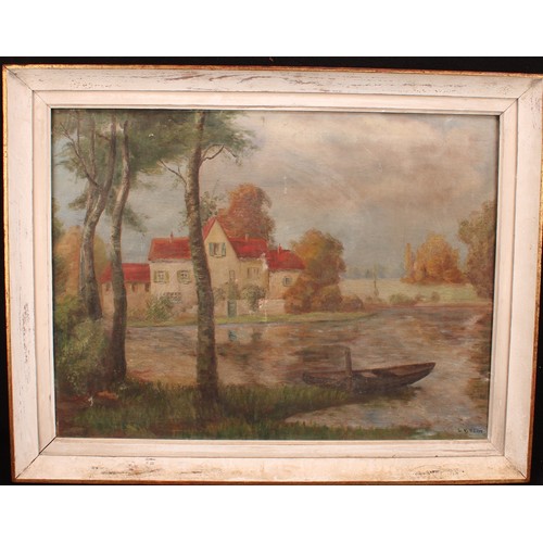 492 - L V Reyn
Riverside House
signed, oil on canvas, 44cm x 58cm