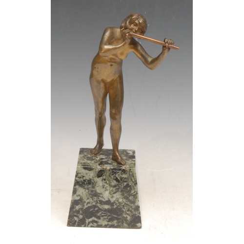 1905 - After Rene Paul Marquet (1875-1939), an Art Deco bronze, cast as a female nude playing a pipe, green... 