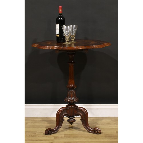 1867 - A Victorian walnut and marquetry tripod occasional table, shaped circular top inlaid with a band of ... 