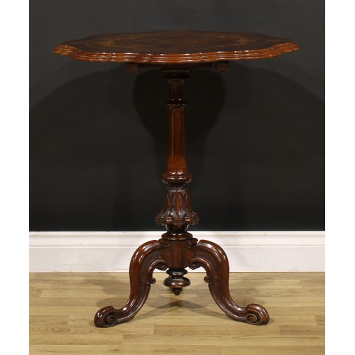 1867 - A Victorian walnut and marquetry tripod occasional table, shaped circular top inlaid with a band of ... 