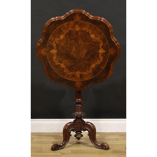 1867 - A Victorian walnut and marquetry tripod occasional table, shaped circular top inlaid with a band of ... 