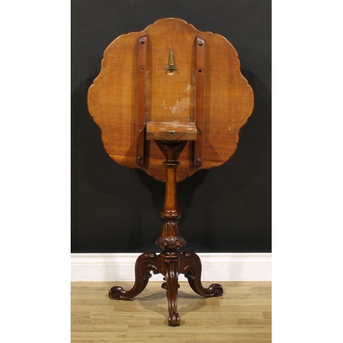 1867 - A Victorian walnut and marquetry tripod occasional table, shaped circular top inlaid with a band of ... 