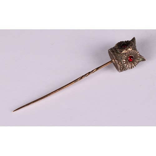 980 - Stick Pins - An Essex rock crystal reverse intaglio stick pin, decorated with a fox mask, rope twist... 