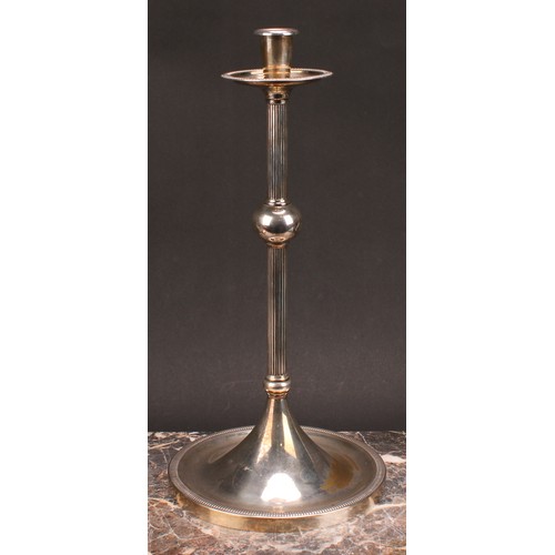 576 - Interior Design - a pair of large E.P.N.S candlesticks, of Christopher Dresser influence, broad drip... 