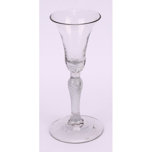 173 - A George II air twist wine glass, bell shaped bowl, baluster stem, domed foot, 17.5cm high, c.1755