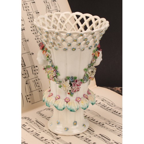 104 - A Derby patch mark frill vase, lattice rim flowerhead diapers, applied with masks and flower encrust... 