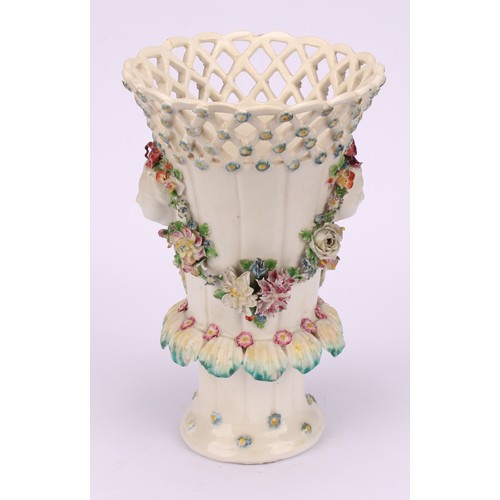 104 - A Derby patch mark frill vase, lattice rim flowerhead diapers, applied with masks and flower encrust... 