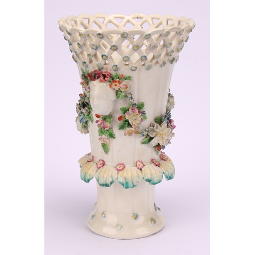 104 - A Derby patch mark frill vase, lattice rim flowerhead diapers, applied with masks and flower encrust... 