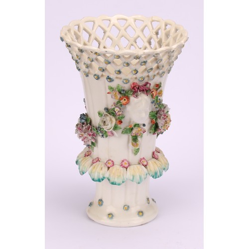 104 - A Derby patch mark frill vase, lattice rim flowerhead diapers, applied with masks and flower encrust... 