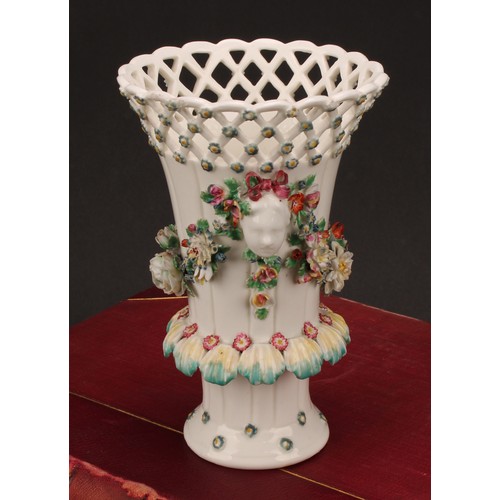 103 - A Derby patch mark frill vase, lattice rim flowerhead diapers, applied with masks and flower encrust... 