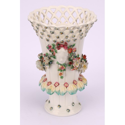 103 - A Derby patch mark frill vase, lattice rim flowerhead diapers, applied with masks and flower encrust... 