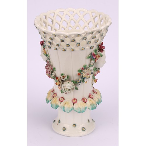 103 - A Derby patch mark frill vase, lattice rim flowerhead diapers, applied with masks and flower encrust... 