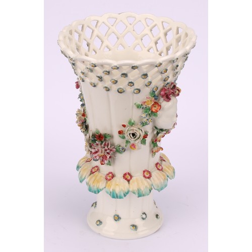 103 - A Derby patch mark frill vase, lattice rim flowerhead diapers, applied with masks and flower encrust... 