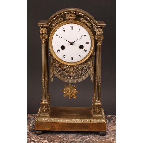 1212 - A 19th century Empire design gilt brass portico mantel clock, 12.5cm circular enamel dial inscribed ... 