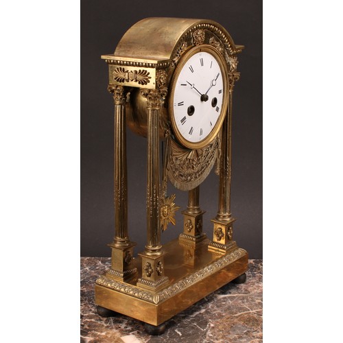 1212 - A 19th century Empire design gilt brass portico mantel clock, 12.5cm circular enamel dial inscribed ... 