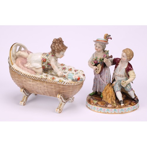 140 - A Meissen porcelain figure group, Allegory of Autumn, modelled as a girl and boy in 18th century cos... 