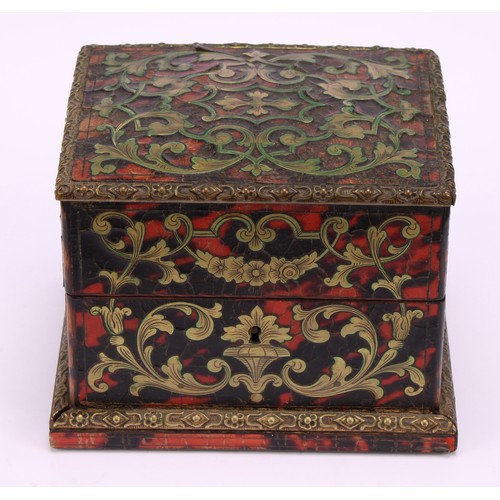 1178 - A 19th century Boulle and ebonised cube shaped scent casket, domed hinged cover, brass and tortoises... 