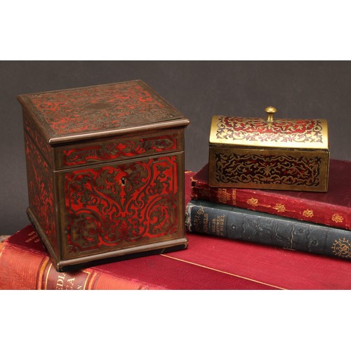 1179 - A 19th century Boulle and ebonised tea caddy, overhanging hinged cover, brass and tortoiseshell marq... 