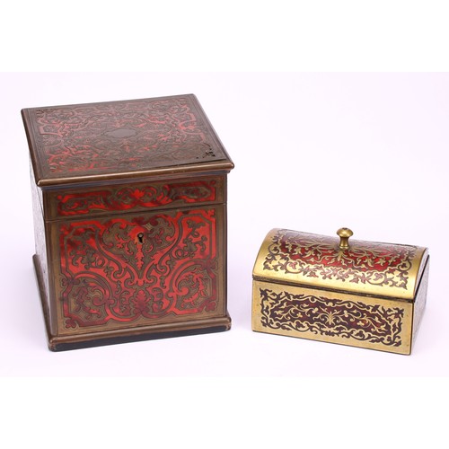 1179 - A 19th century Boulle and ebonised tea caddy, overhanging hinged cover, brass and tortoiseshell marq... 