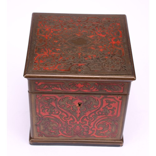 1179 - A 19th century Boulle and ebonised tea caddy, overhanging hinged cover, brass and tortoiseshell marq... 