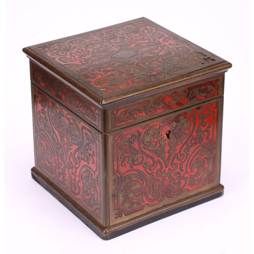 1179 - A 19th century Boulle and ebonised tea caddy, overhanging hinged cover, brass and tortoiseshell marq... 