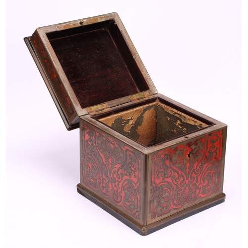 1179 - A 19th century Boulle and ebonised tea caddy, overhanging hinged cover, brass and tortoiseshell marq... 