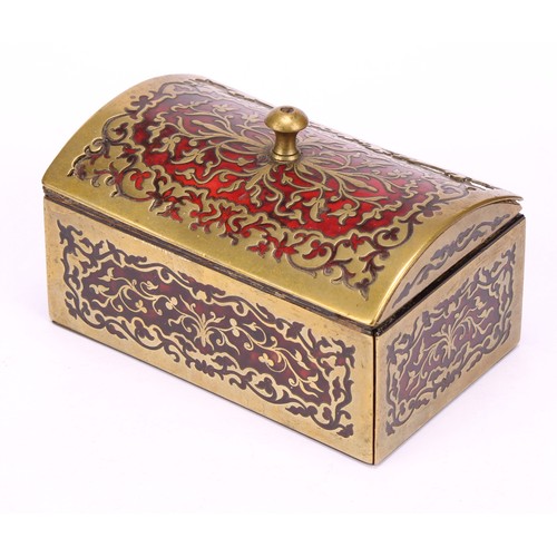 1179 - A 19th century Boulle and ebonised tea caddy, overhanging hinged cover, brass and tortoiseshell marq... 