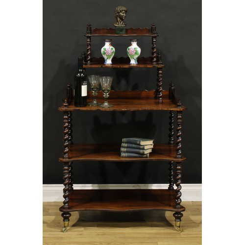 1862 - A unusual Victorian rosewood two-stage five-tier whatnot, serpentine plateaux, spirally turned suppo... 