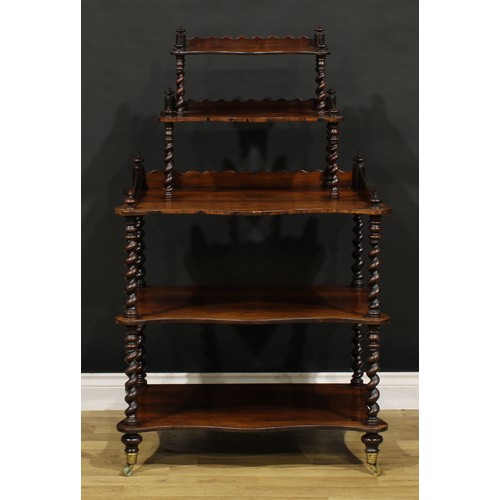 1862 - A unusual Victorian rosewood two-stage five-tier whatnot, serpentine plateaux, spirally turned suppo... 