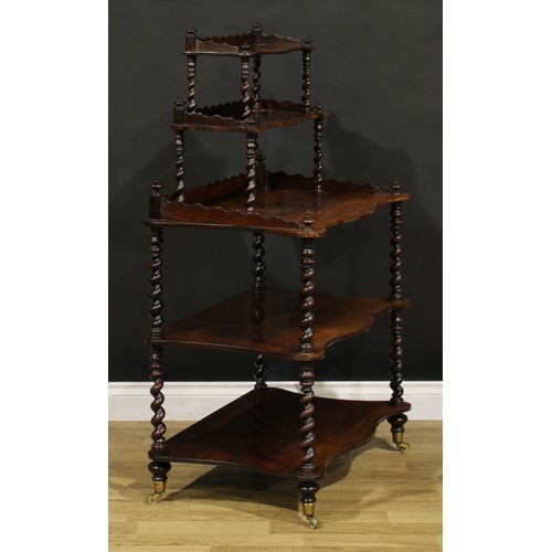 1862 - A unusual Victorian rosewood two-stage five-tier whatnot, serpentine plateaux, spirally turned suppo... 