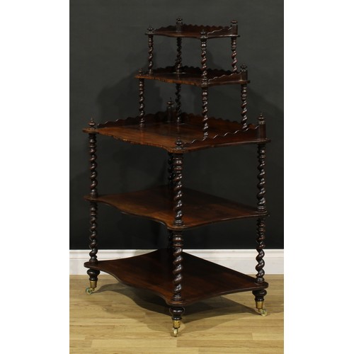 1862 - A unusual Victorian rosewood two-stage five-tier whatnot, serpentine plateaux, spirally turned suppo... 