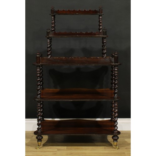 1862 - A unusual Victorian rosewood two-stage five-tier whatnot, serpentine plateaux, spirally turned suppo... 