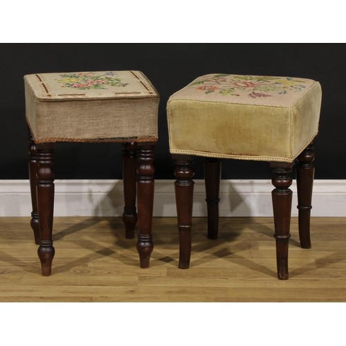 1536 - A near pair of early Victorian mahogany stools, stuffed-over upholstery, turned legs, the largest 59... 