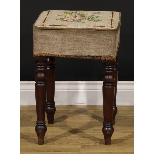 1536 - A near pair of early Victorian mahogany stools, stuffed-over upholstery, turned legs, the largest 59... 