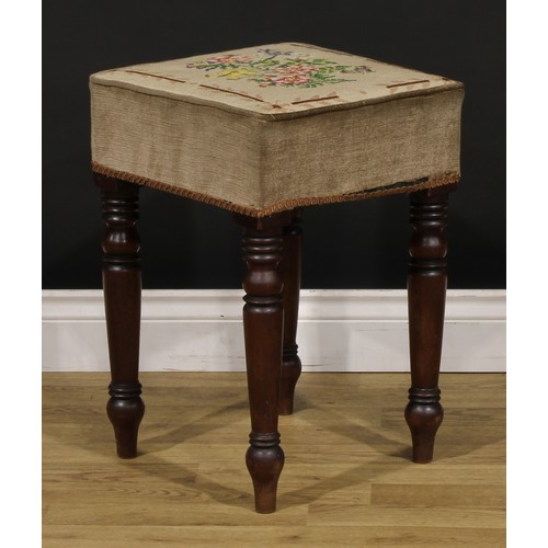 1536 - A near pair of early Victorian mahogany stools, stuffed-over upholstery, turned legs, the largest 59... 