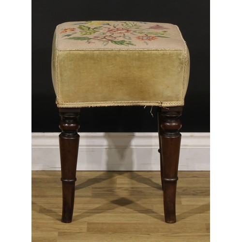 1536 - A near pair of early Victorian mahogany stools, stuffed-over upholstery, turned legs, the largest 59... 