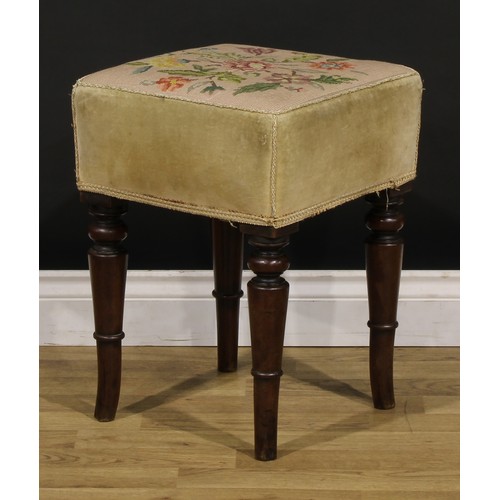 1536 - A near pair of early Victorian mahogany stools, stuffed-over upholstery, turned legs, the largest 59... 