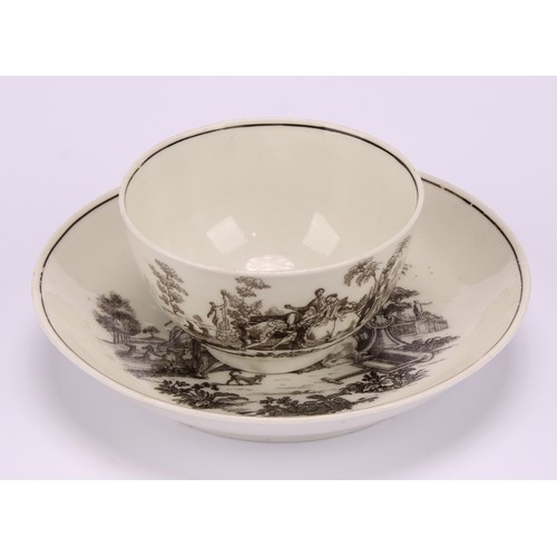 87 - A Worcester tea bowl and saucer, after Robert Hancock, printed in monochrome with L’ Amour, the sauc... 