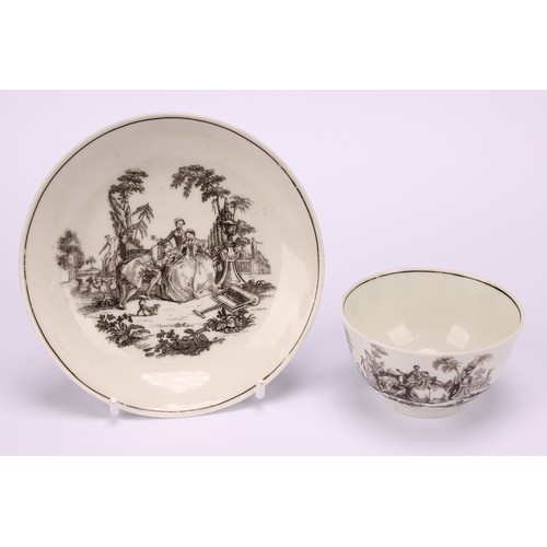 87 - A Worcester tea bowl and saucer, after Robert Hancock, printed in monochrome with L’ Amour, the sauc... 