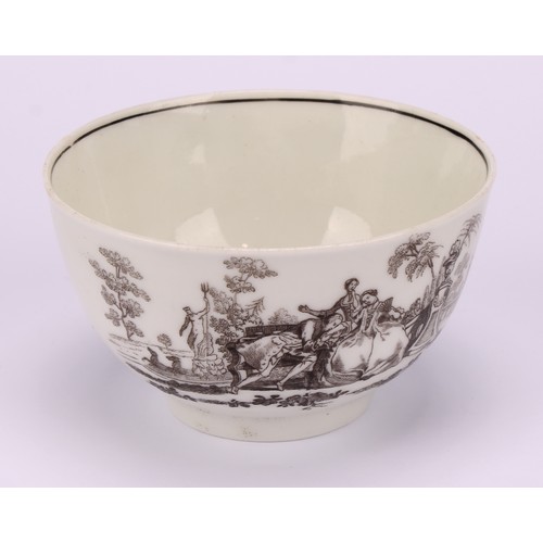 87 - A Worcester tea bowl and saucer, after Robert Hancock, printed in monochrome with L’ Amour, the sauc... 