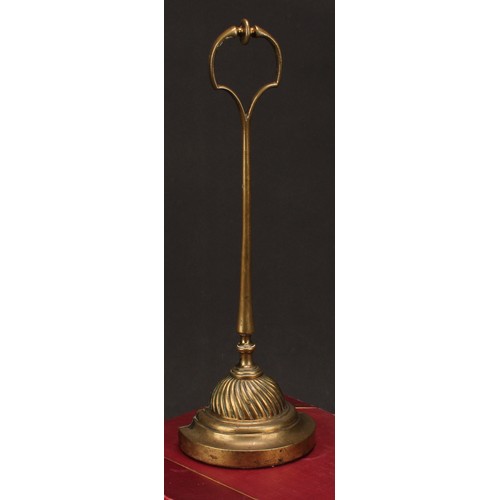 1183 - A 19th century brass door stop or porter, posted handle, fluted demi-lune base, 36cm high