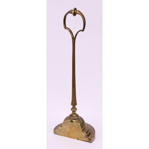 1183 - A 19th century brass door stop or porter, posted handle, fluted demi-lune base, 36cm high