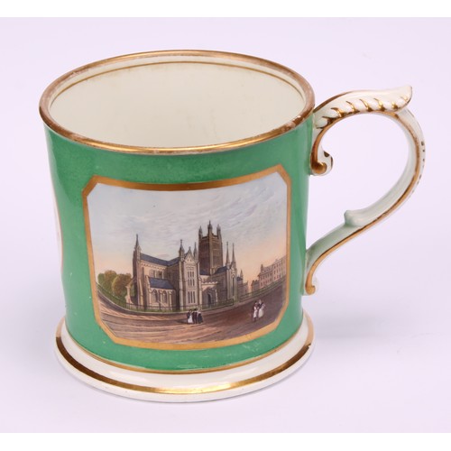 44 - An English porcelain porter mug, painted with a view of Worcester Cathedral, within a gilt border on... 