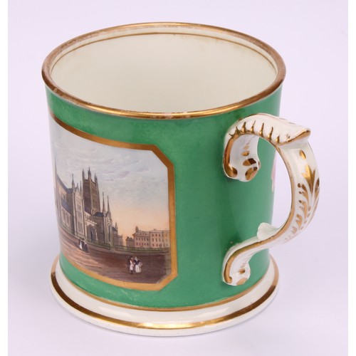 44 - An English porcelain porter mug, painted with a view of Worcester Cathedral, within a gilt border on... 