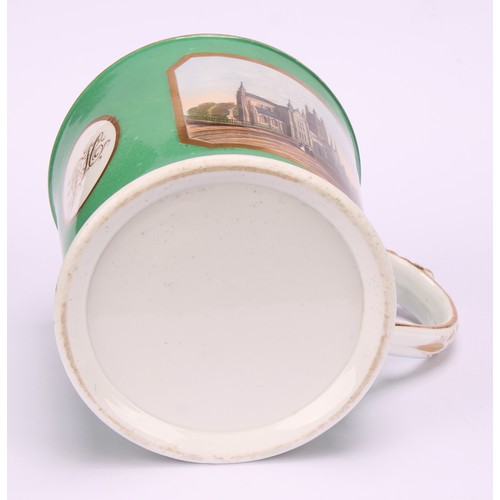 44 - An English porcelain porter mug, painted with a view of Worcester Cathedral, within a gilt border on... 