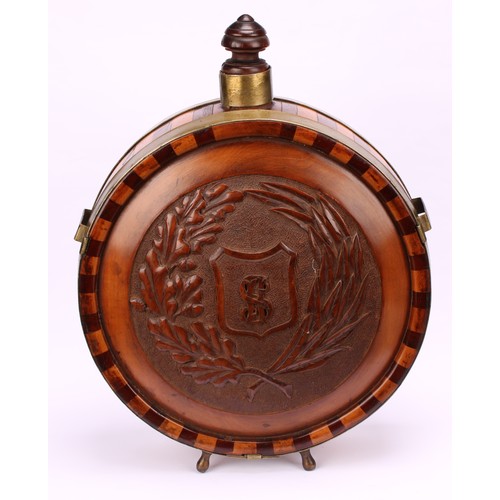 1184 - A 19th century Continental fruitwood circular flask, banded borders, carved in relief with a crowned... 