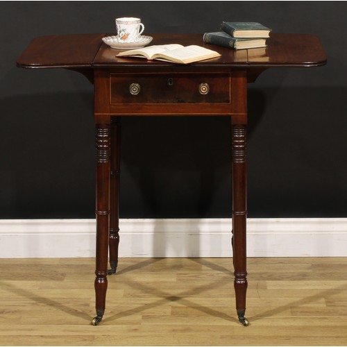 1328 - A George IV mahogany Pembroke-form work table, rounded rectangular top with fall leaves above frieze... 