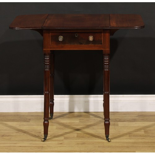 1328 - A George IV mahogany Pembroke-form work table, rounded rectangular top with fall leaves above frieze... 